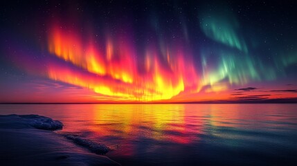 Beautiful winter landscape with bright aurora borealis on the sky.