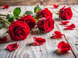 Wall Mural - Minimalist Red Roses & Petals on Light Wood - Soft Shadows Stock Photo