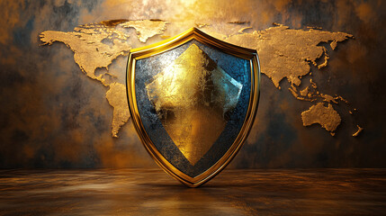 Wall Mural - A digital shield in front of the world as a symbol for cyber security and data protection in global dimensions.