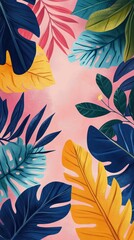 Wall Mural - Colorful tropical leaves surrounding a soft pink background creating a lively atmosphere