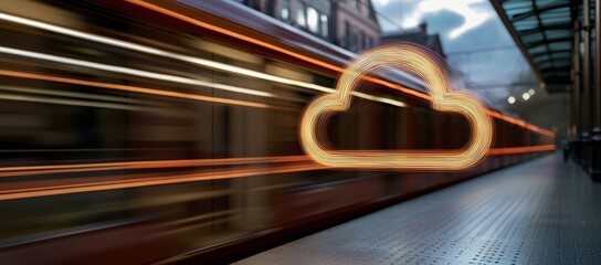 Wall Mural - Cloud computing depicted with a speeding train on a cityscape background stock photo