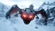 © JoxyAimages - An intricate mechanical dragon soars through a snowy terrain, showcasing a stunning fusion of fantasy and advanced robotics in a dramatic flight pose.