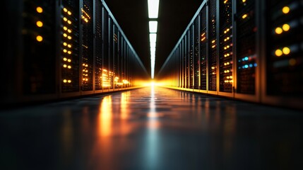 Poster - a room filled with modern high-tech internet data center equipment, including server and network har