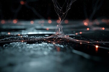 Poster - A blue background is complemented by glowing blue lines and a white digital grid, representing technology or data visualization, with geometric shapes arranged in a spider web pattern
