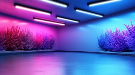 Poster - An artistic representation of a room with walls adorned in vibrant coral themes and softened lights, portraying a unique fusion of color and tranquility in modern design.