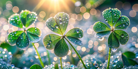 Poster - Three vibrant clover leaves adorned with glistening droplets catch the soft morning light, creating a serene atmosphere in a lush, green environment