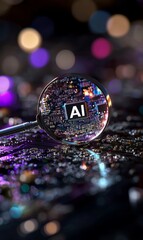 Poster - A dedicated AI microchip on an electric circuit board is viewed through a magnifying glass, symbolizing stock and GPU cloud computing concepts, technology, and research