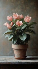 Canvas Print - Beautiful potted flowers in soft hues on a wooden table with natural lighting