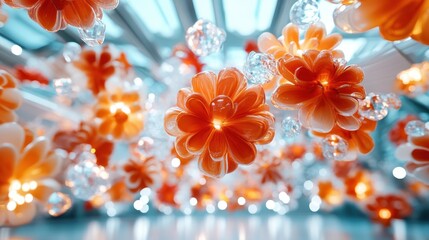 Poster - This artistic piece showcases colorful floral-inspired glass elements, harmonizing with vibrant lights, creating an enchanting atmosphere of beauty and creativity.