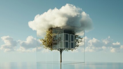 Poster - A blue background serves as the setting for an illustration of cloud computing, complete with various icons and symbols