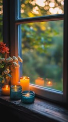 Wall Mural - Candlelit window scene with flowers and a soft sunset glow