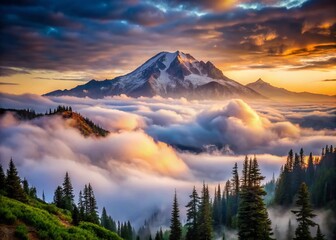 Wall Mural - Misty Rainier: Cloudy Peak Emerging from Foggy Valley Landscape