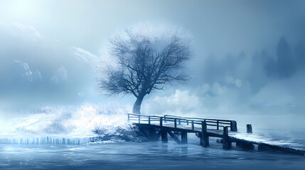 Wall Mural - A wooden bridge over a frozen lake, with a lone tree in the snow. Burning Ice Cathedrals. Illustration