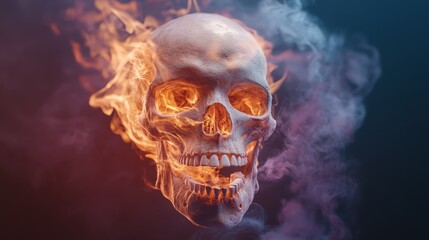 Poster - An eye-catching vibrant skull with flames and intensified smoke, symbolizing the duality of life and death, igniting curiosity and contemplation about the human experience.