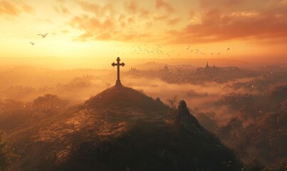 Wall Mural - Cinematic photograph of an empty cross on top of a hill, during the golden hour, with a misty valley in the background, birds flying, and an orange sky