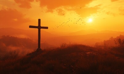 Wall Mural - Cinematic photograph of an empty cross on top of a hill, during the golden hour, with a misty valley in the background, birds flying, and an orange sky