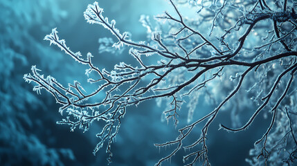 Wall Mural - Frosty branches bare on tree limbs frozen stiff, tree, branch, frost. Burning Ice Cathedrals. Illustration