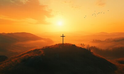 Wall Mural - Cinematic photograph of an empty cross on top of a hill, during the golden hour, with a misty valley in the background, birds flying, and an orange sky