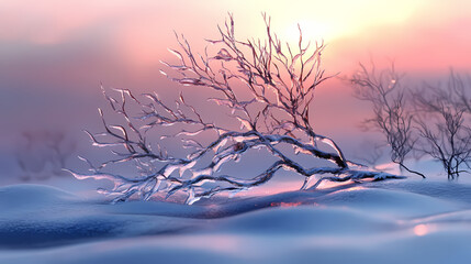 Wall Mural - Frozen branch on a bed of snow with a few surrounding twigs, natural beauty, bare tree, frosty morning. Burning Ice Cathedrals. Illustration