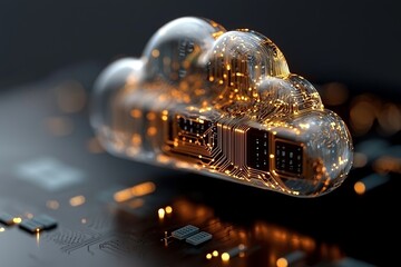 Poster - Cloud computing is conceptualized as tiny blue and orange clouds nestled inside a big cloud