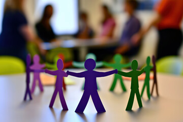 Wall Mural - DEI, Diversity Equity And Inclusion Concept, Paper Figures, Various Colored Figures Holding Hands And Standing In A Circle Symbolizing Teamwork And Diverse Culture , Blurry Background In An Office