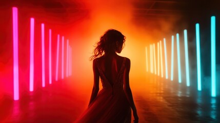 Poster - A figure wearing a stylish dress stands backlit by neon lights, creating a powerful visual narrative that speaks to the intersection of fashion and nightlife culture.