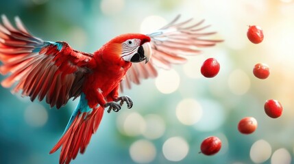 Poster - A beautiful red parrot captures the essence of freedom and joy as it glides through the air, surrounded by floating fruits, showcasing nature's vibrant palette.
