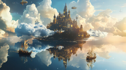Wall Mural - floating fantasy castle in the sky reflected on water. magical, whimsical landscape with clouds, boa