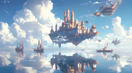 Wall Mural - floating fantasy castle in the sky reflected on water. magical, whimsical landscape with clouds, boa