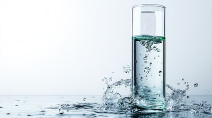 Poster - A glass vessel is filled with water, splashing outwards in a dynamic display, symbolizing clarity, freshness, and the fluidity of water in an artistic presentation.
