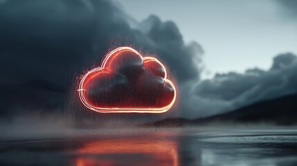 Poster - Conceptual representation of digital cloud computing featuring radiant neon clouds and luminous data streams