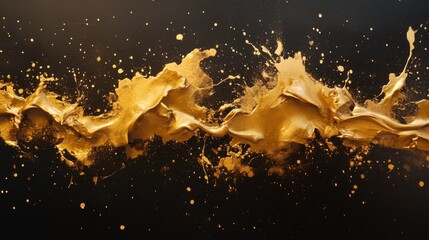 Poster - A dynamic composition of gold paint splatters and drips traversing a dark background, resembling an abstract explosion or a celestial event