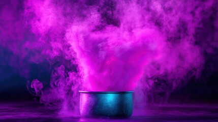 Poster - Metal pot emitting a vibrant cloud of purple smoke against a dark background