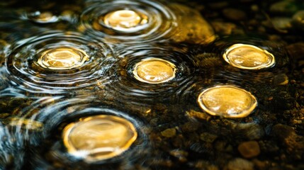 Poster - Close-up shot captures the intricate dance of water droplets cascading onto a rocky surface, illuminated by sunlight, creating a mesmerizing pattern of circles and reflections