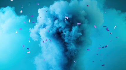 Poster - Cloud of blue smoke billows upwards, interspersed with floating purple confetti, creating a vibrant and dynamic visual effect against a lighter blue background