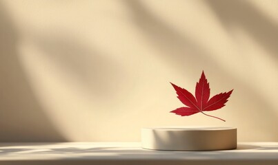 Wall Mural - minimalist and modern product display scene with an empty podium, a red maple leaf in the foreground casting shadows on beige walls, creating a warm atmosphere for luxury brand branding visuals. 