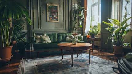 Wall Mural - A chic living room with a stylish green sofa, a wooden coffee table, and tasteful green accents for a fresh look,