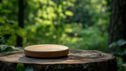 Poster - Wooden display, forest background, sunlight, product placement