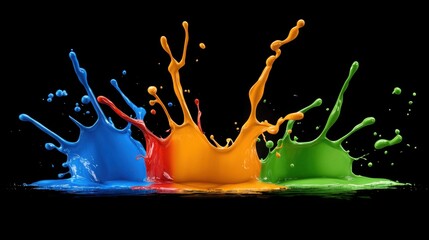 Poster - A vibrant explosion of blue, red, orange, and green paint splashes against a black background, forming a dynamic abstract shape