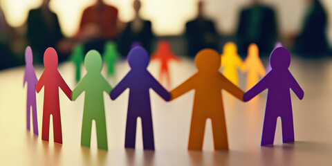 Wall Mural - DEI, Diversity Equity And Inclusion Concept, Paper Figures, Various Colored Figures Holding Hands And Standing In A Circle Symbolizing Teamwork And Diverse Culture , Blurry Background In An Office