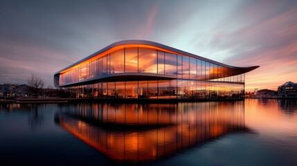 Poster - an elegant modern structure reflects the brilliant hues of sunset on the water, showcasing the beaut