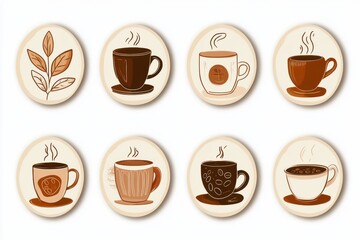 Aufkleber - stickers featuring various coffee cups and coffee beans in a warm, inviting style. Generative AI