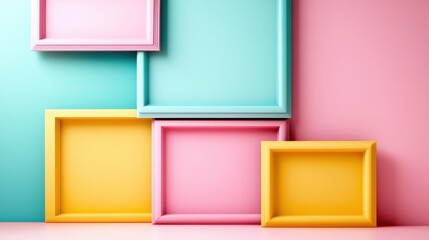 Poster - A vibrant composition of empty colorful frames on a bright pastel backdrop, creating an artistic atmosphere perfect for showcasing art or decorative elements.