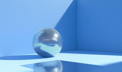 Wall Mural - blue background with a large disco ball in the center, reflecting light on it, and a small part of the mirrored surface is visible on one side of the sphere. The overall color scheme should be blue