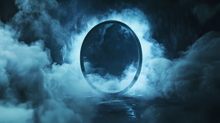 Poster - A mystical black mirror surrounded by swirling fog on a dark background. Mirror Realm Explorers. Illustration