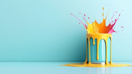 Poster - An energetic splash of yellow and pink paint flows from a brightly colored can against a serene background, showcasing a beautiful composition full of life and creativity.