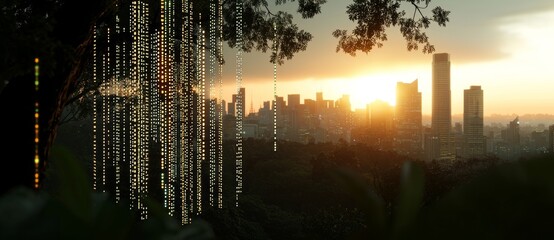 Poster - a breathtaking cityscape of the future at sunset, complete with a digital data overlay and radiant l