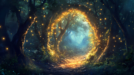 Wall Mural - Dark enchanted forest illuminated by a mystical mirror serving as a portal to another realm with shimmering lights and shadowy trees creating a magical ambiance. Mirror Realm Explorers. Illustration