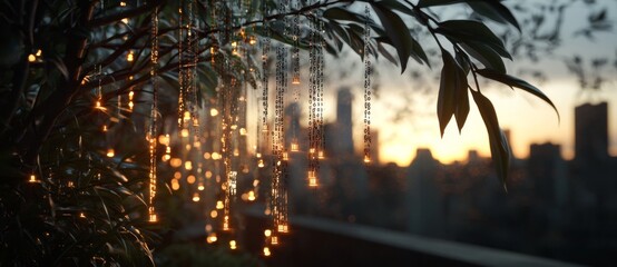 Poster - the city of tomorrow is beautifully depicted at sunset, with a digital data overlay and luminous lig