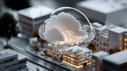 Poster - Stock image featuring an isometric view of a cloud computing platform with a gas station building and various data flow icons linked to multiple server blocks and office buildings